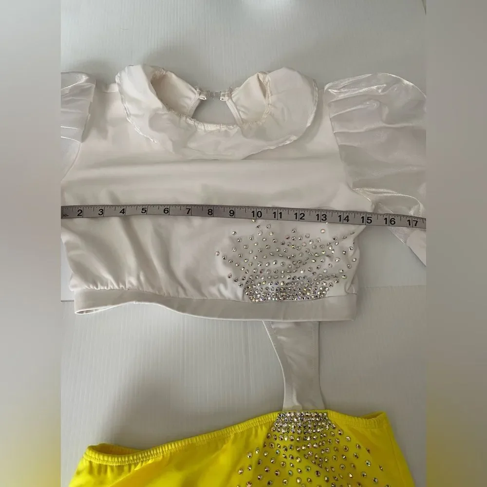 Glamorous solo dance costume white yellow 2 piece embellished puff sleeve LA